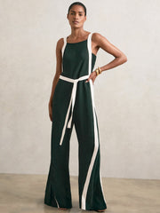 Colourblock Wide Leg Belted Jumpsuit in Dark Green/Cream