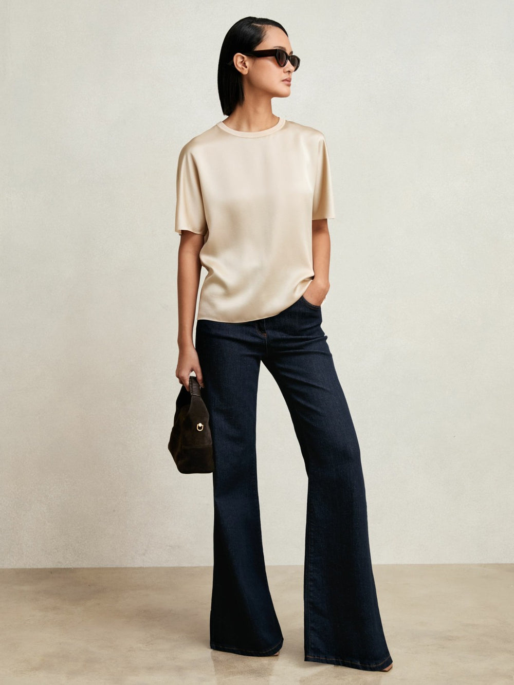 Silk Short-Sleeve Top in Champagne Neutral