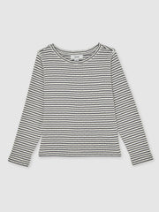 9-13 yrs Cotton Pointelle Long Sleeve Top in Navy/White