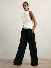 Petite Wide-Leg Contrast-Waistband Trousers in Black