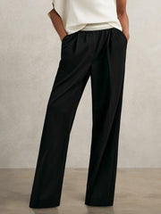 Wide-Leg Contrast-Waistband Trousers in Black