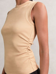 Fine-Rib Ruched Vest Top in Camel