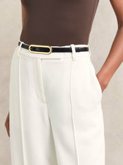 Leather Elongated-Buckle Skinny Belt in Black
