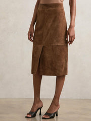 Suede Straight-Fit Midi Skirt in Tan Brown