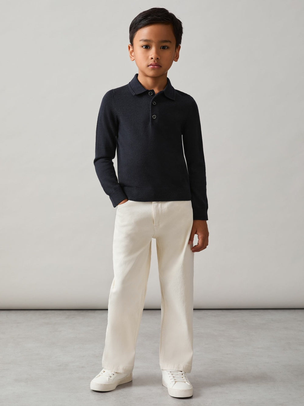 Merino Wool Long-Sleeve Polo Shirt in Navy