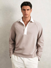 Colour Block Rugby Shirt in Oatmeal/White