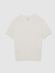Cotton-Wool Knit V-Neck Top in Ivory