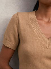 Cotton-Wool Knit V-Neck Top in Camel