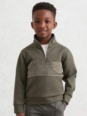 13-14 yrs Slim Fit Half-Zip Funnel Neck Velour Sweatshirt in Dark Sage Green