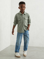3-9 yrs Waffle-Textured Twin-Pocket Overshirt in Sage