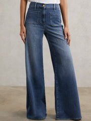 Petite Patch Pocket Wide Leg Jeans in Mid Blue