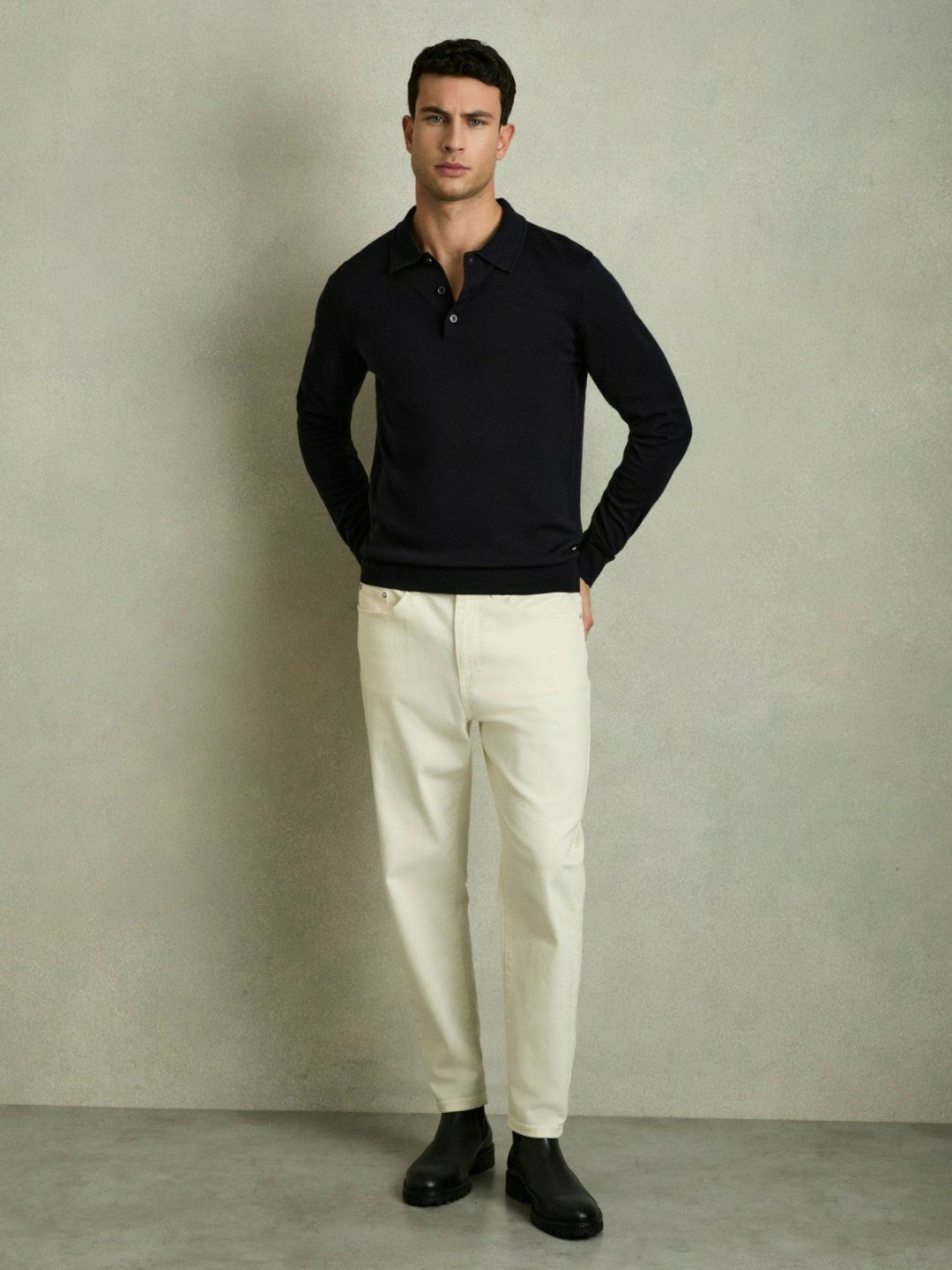 Merino Wool Polo Shirt in Navy