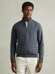 Hybrid Quilt and Knit Zip-Through Jacket in Airforce Blue