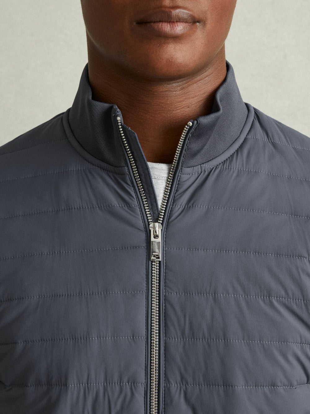Hybrid Quilt and Knit Zip-Through Jacket in Airforce Blue