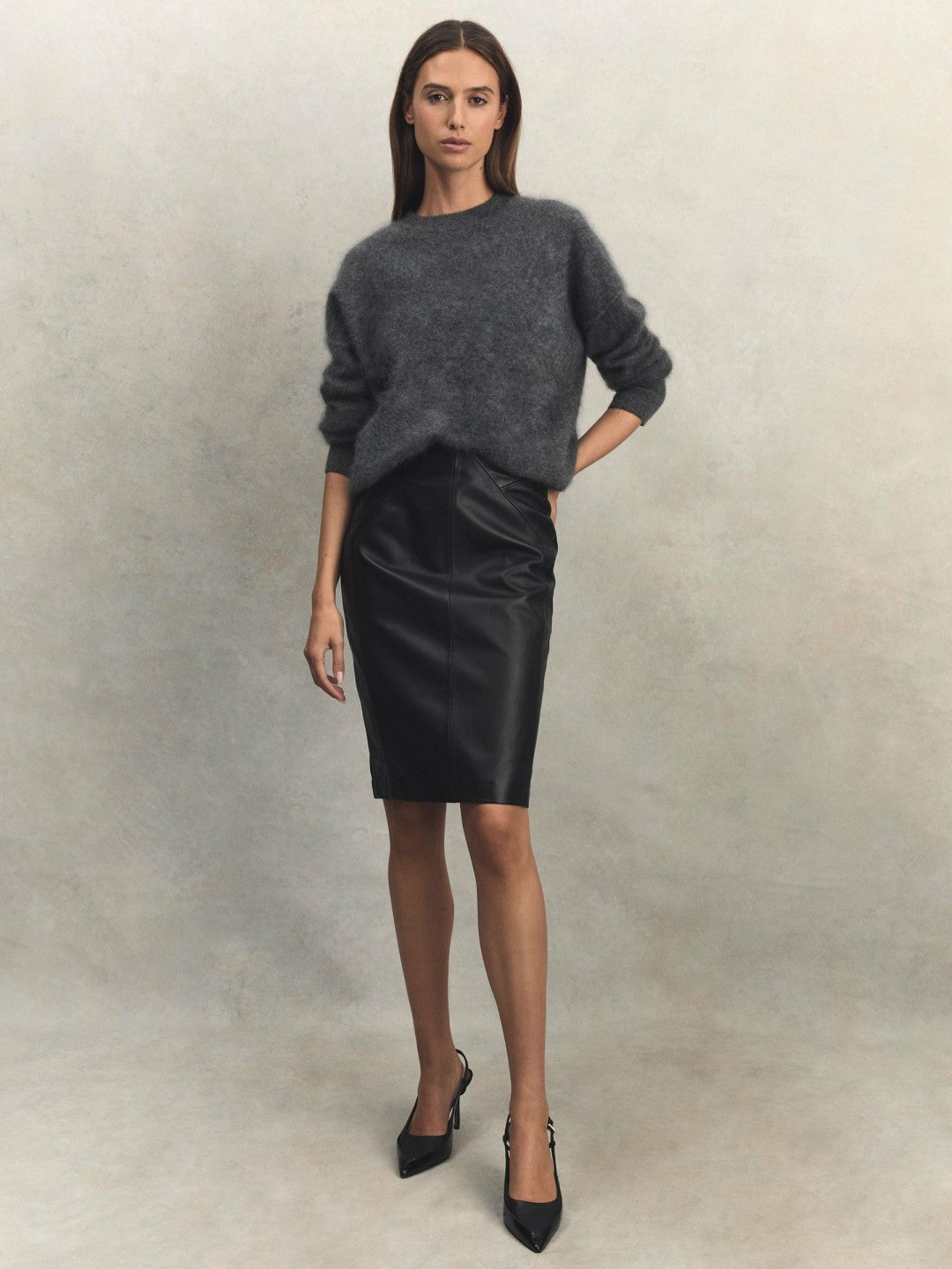 Leather High Rise Midi Skirt in Black