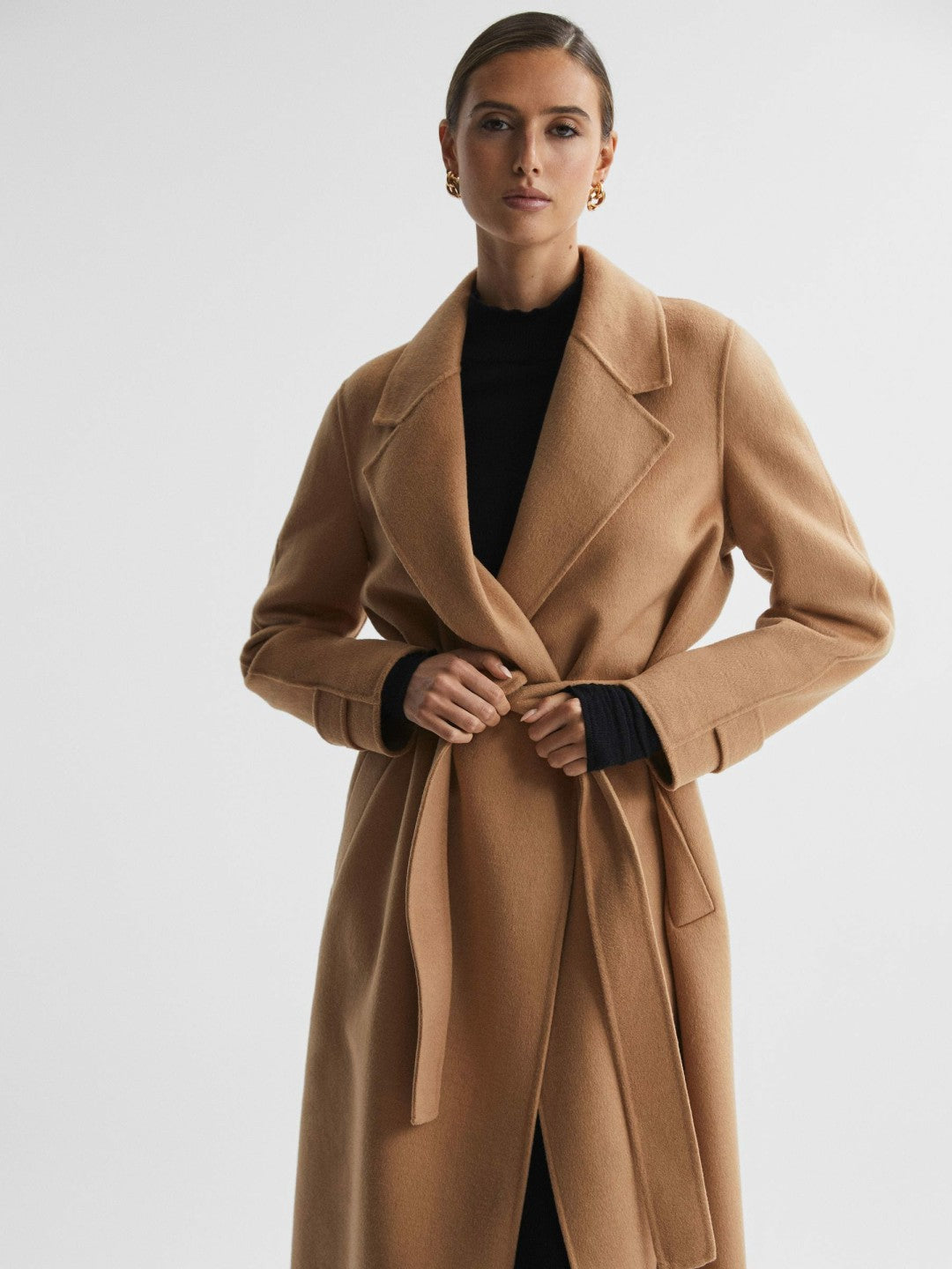 Wool Blend Belted Blindseam Coat in Camel