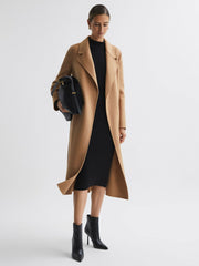 Wool Blend Belted Blindseam Coat in Camel
