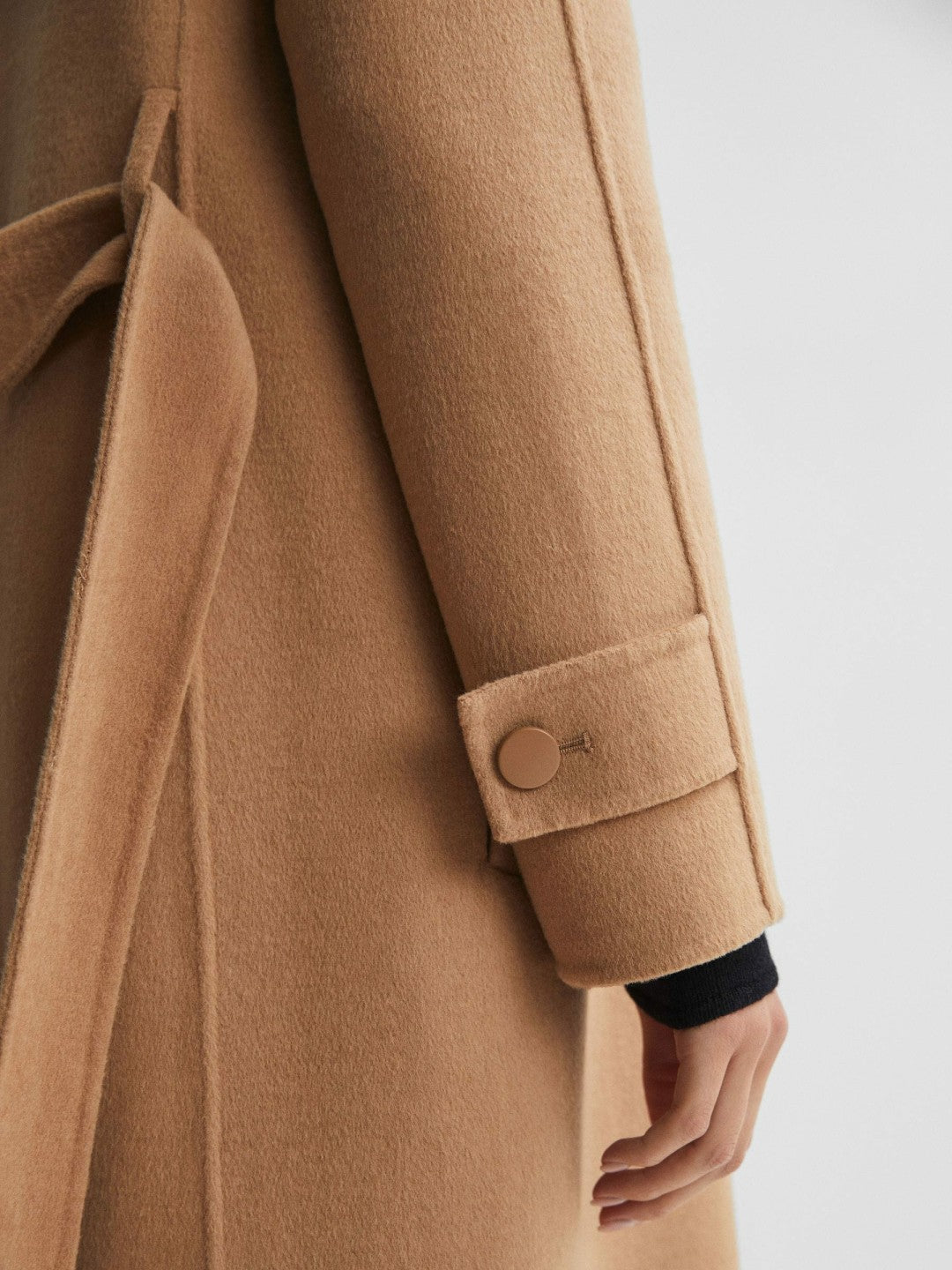 Wool Blend Belted Blindseam Coat in Camel