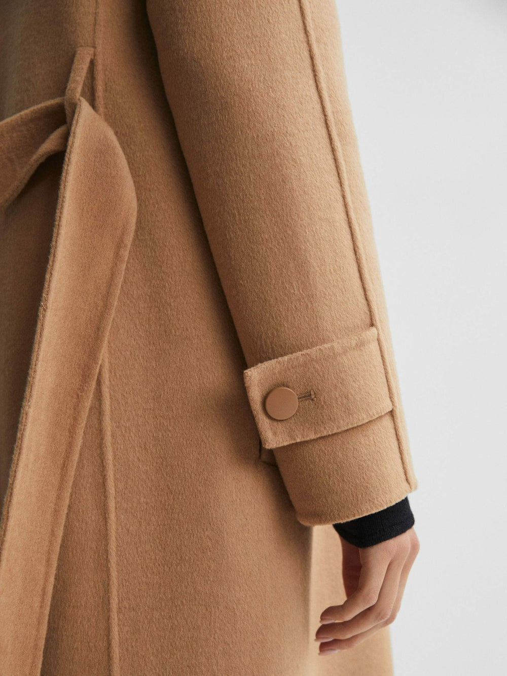Wool Blend Belted Blindseam Coat in Camel