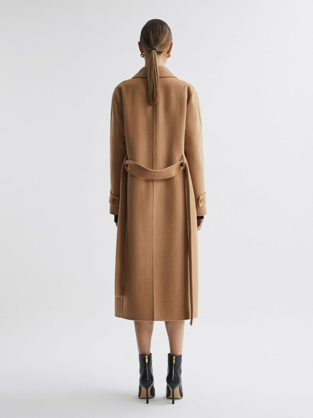 Wool Blend Belted Blindseam Coat in Camel