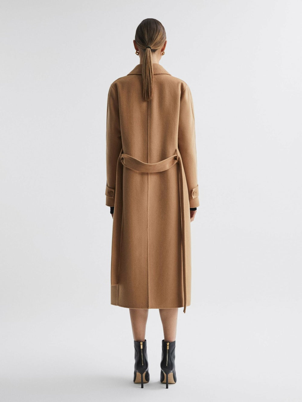 Wool Blend Belted Blindseam Coat in Camel