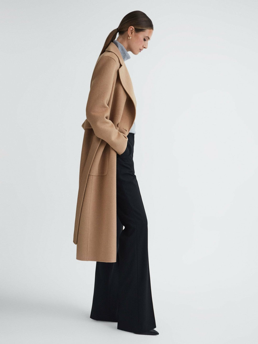 Long Wool Blend Blindseam Coat in Camel