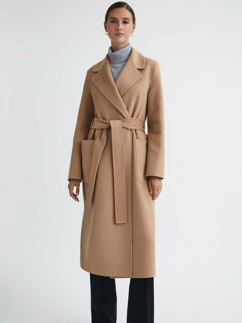 Long Wool Blend Blindseam Coat in Camel
