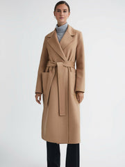 Long Wool Blend Blindseam Coat in Camel
