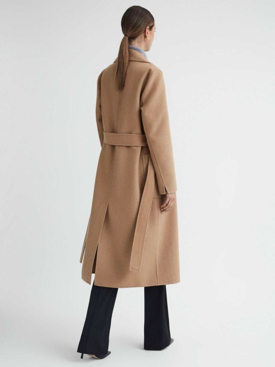 Long Wool Blend Blindseam Coat in Camel