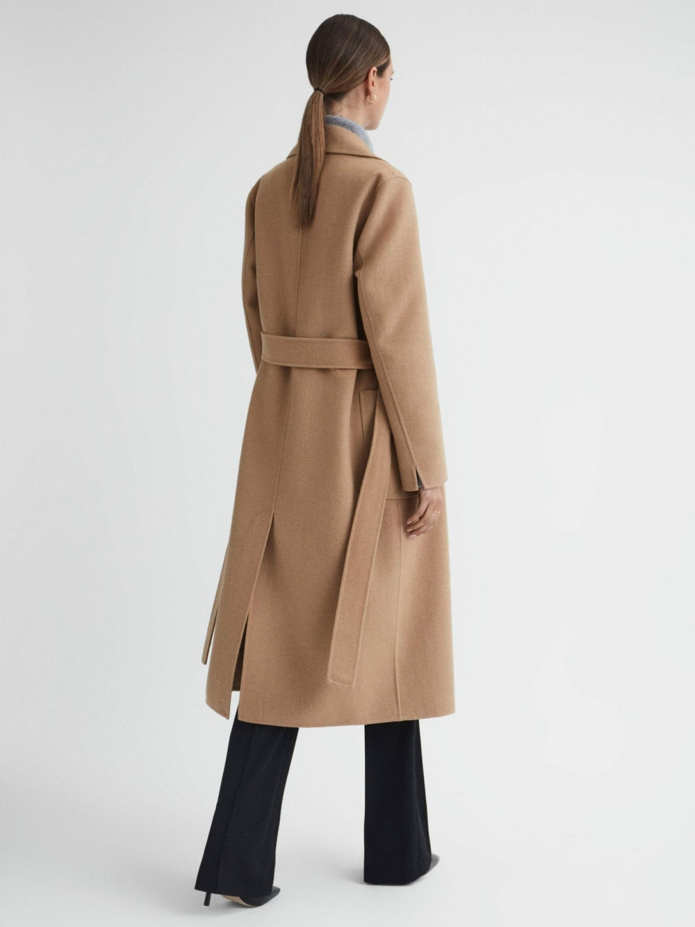 Long Wool Blend Blindseam Coat in Camel