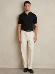 Merino Wool Open Collar Polo Shirt in Navy