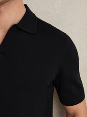 Merino Wool Open Collar Polo Shirt in Navy