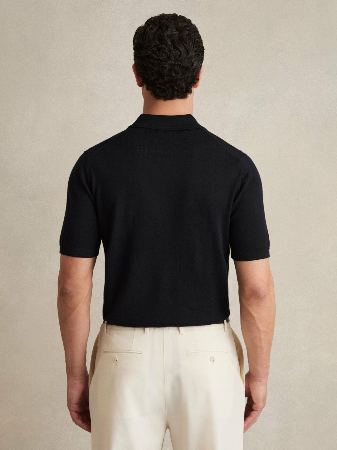 Merino Wool Open Collar Polo Shirt in Navy
