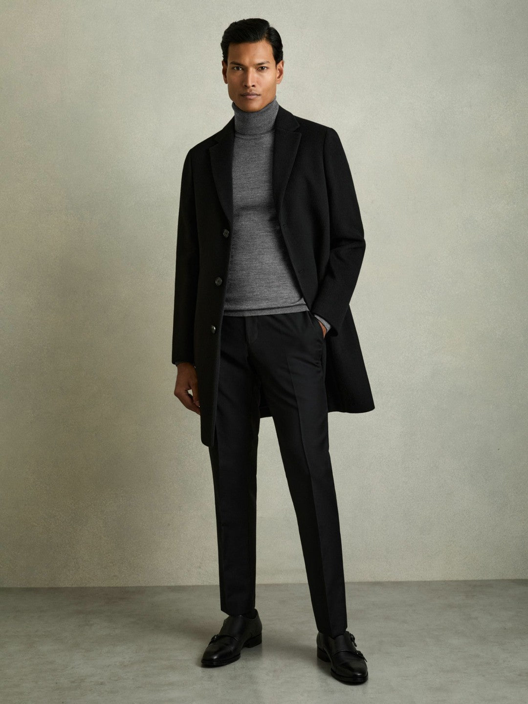 Slim Fit Merino Wool Roll Neck Jumper in Derby Grey Marl