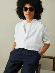 9-13 yrs Striped Linen Cutaway Collar Shirt in White