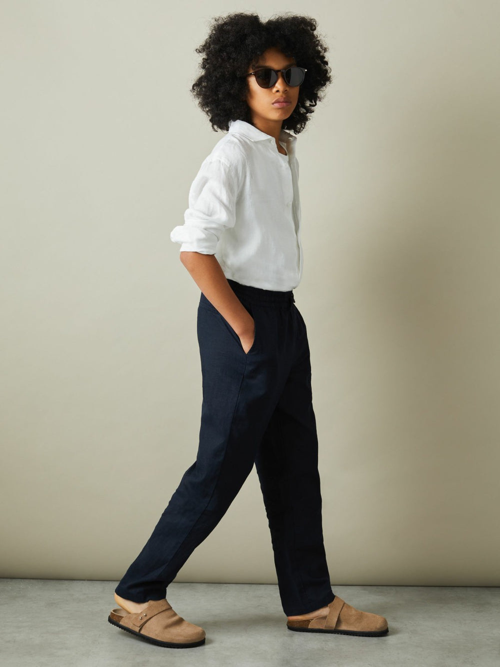 9-13 yrs Striped Linen Cutaway Collar Shirt in White