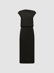 Premium Linen Blend Open-Back Midi Dress in Black