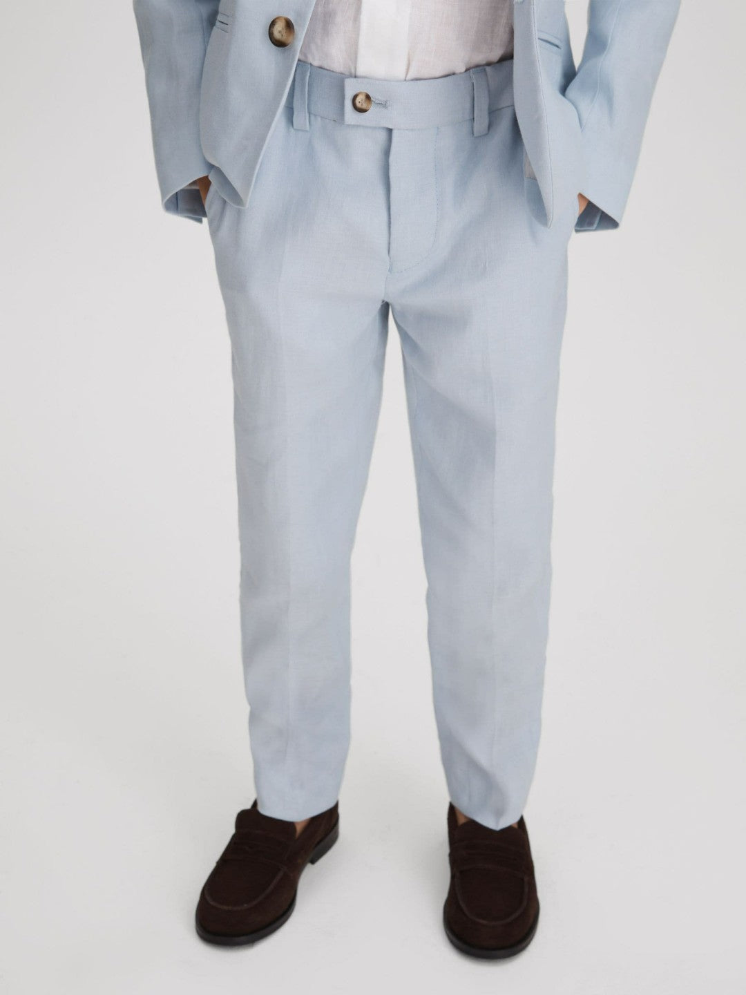 9-13 yrs Slim Fit Linen Adjustable Trousers in Soft Blue