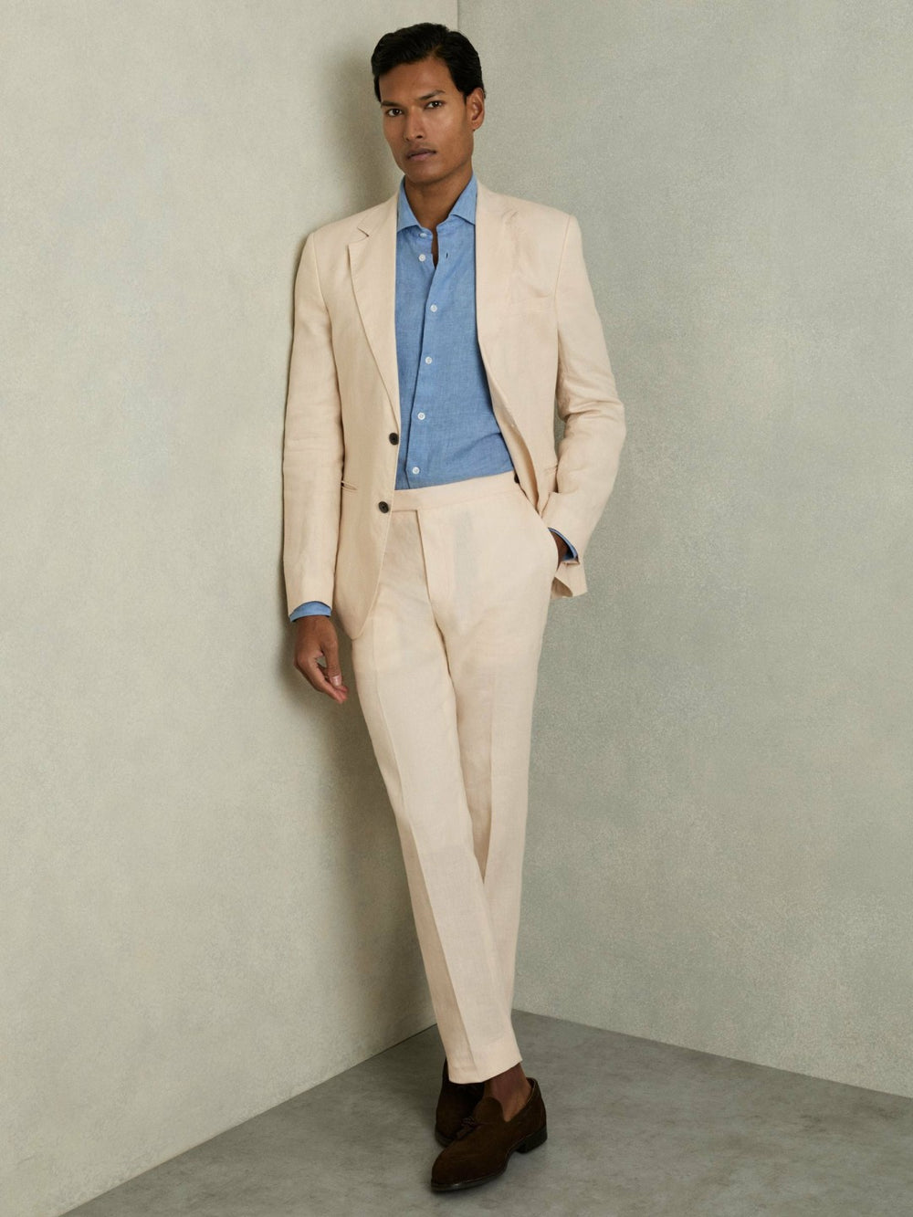 Slim Fit Linen Adjuster Trousers in Stone