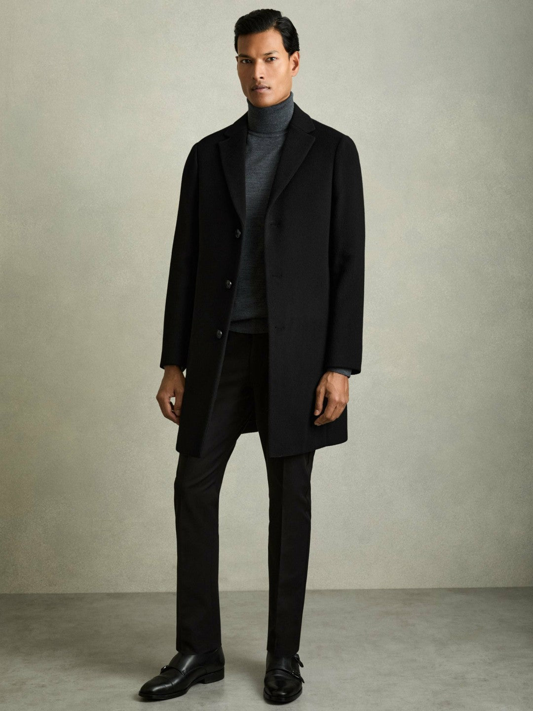 Wool Blend Single Breasted Epsom Overcoat in Black