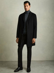 Wool Blend Single Breasted Epsom Overcoat in Black