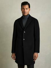 Wool Blend Single Breasted Epsom Overcoat in Black