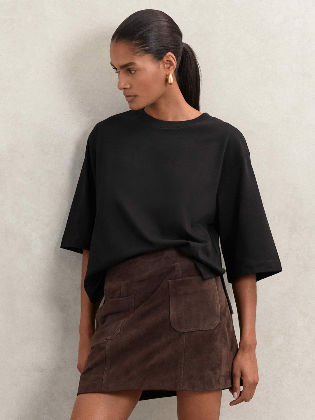 Oversized Cotton Crew Neck T-Shirt in Black