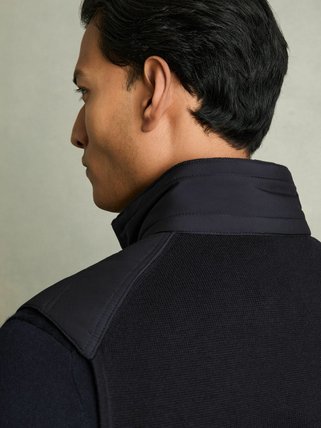 Hybrid Quilt and Knit Zip-Through Gilet in Navy