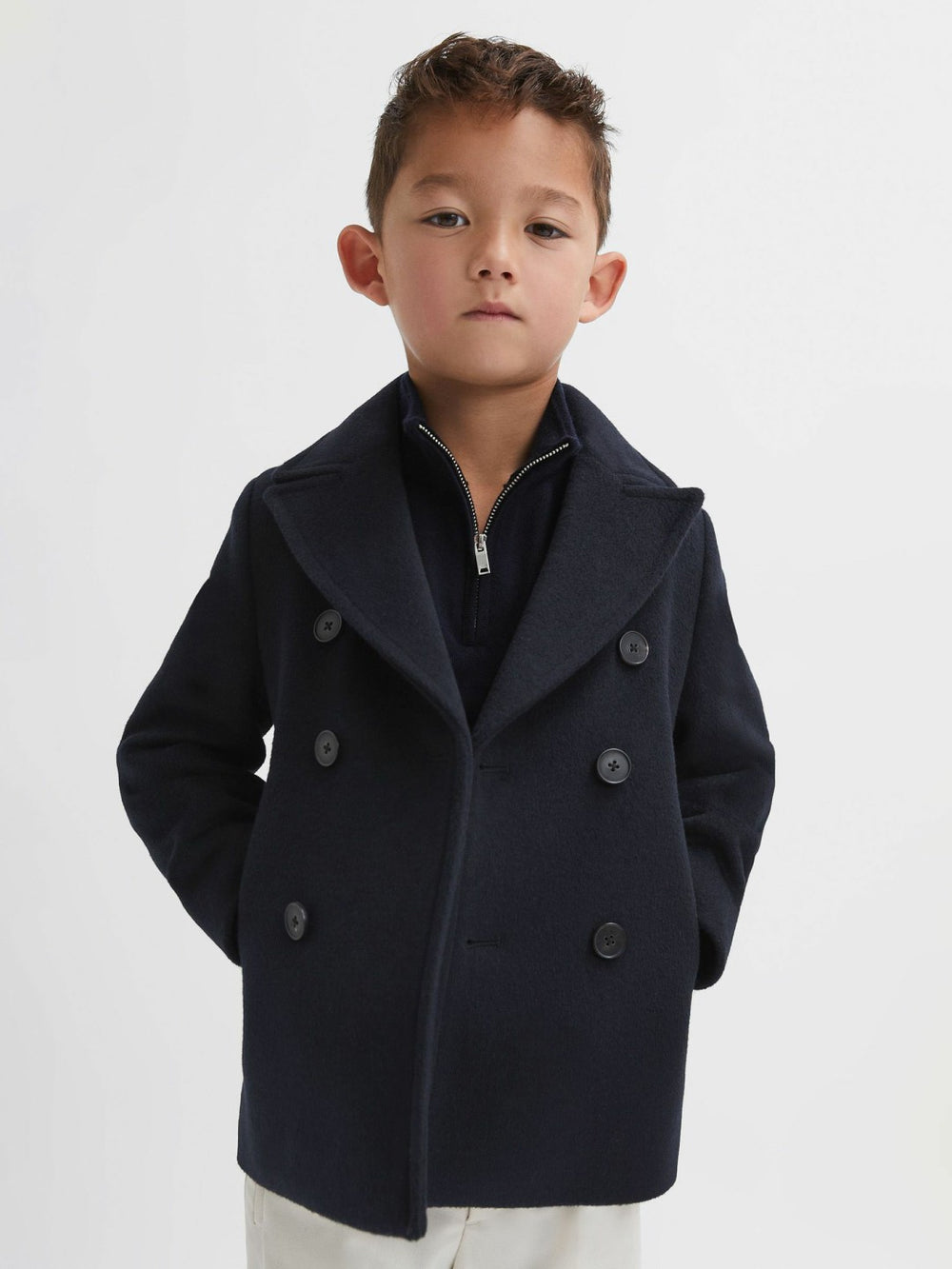 9-13 yrs Wool Blend Twill Double Breasted Coat in Navy