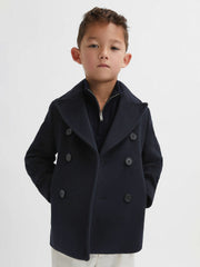 9-13 yrs Wool Blend Twill Double Breasted Coat in Navy