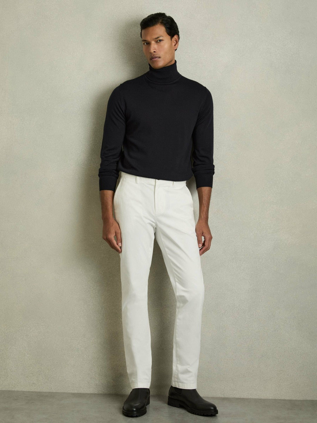 Slim Fit Merino Wool Roll Neck Jumper in Navy