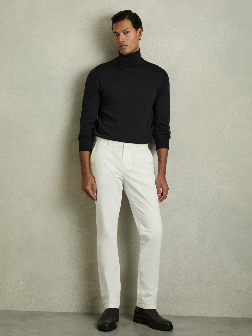 Slim Fit Merino Wool Roll Neck Jumper in Navy