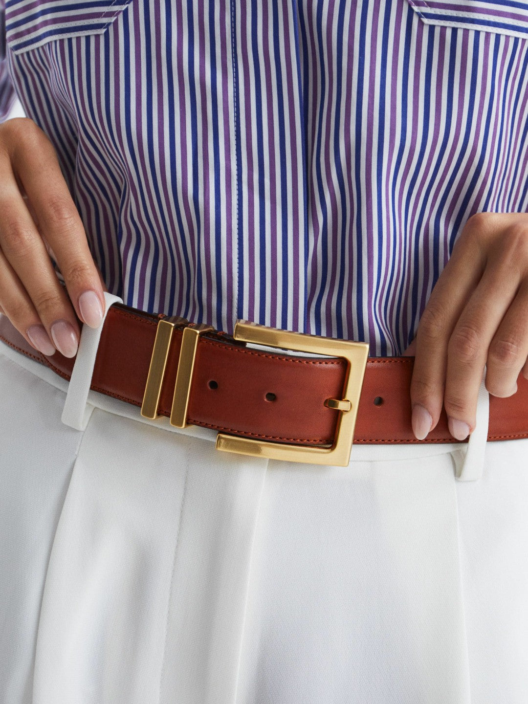 Leather Square Buckle Belt in Tan