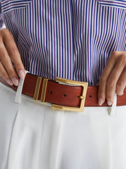 Leather Square Buckle Belt in Tan